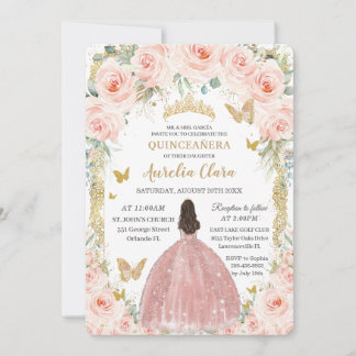Convite Quinceañera Dourada com Vintagem Floral Rosa Esbra