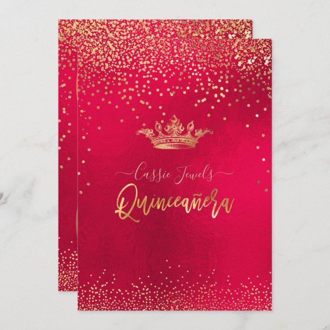 Convite Quinceanera Dourada Confetti+Princesa Coroa (Frente/Verso)