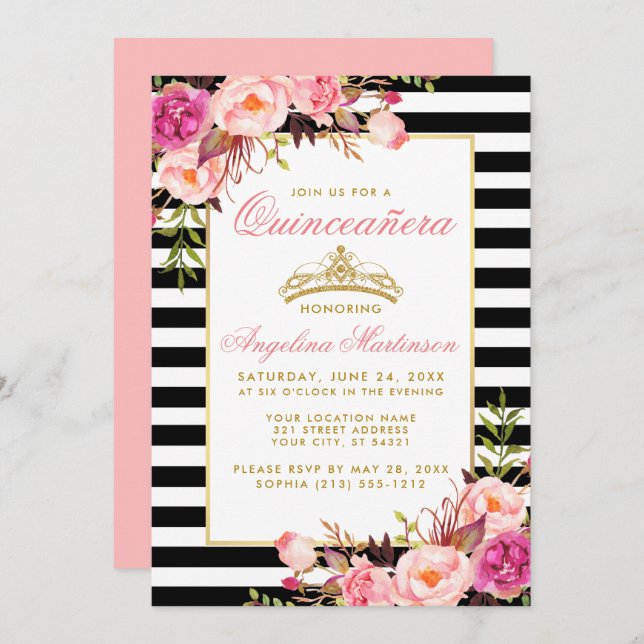 Convite Quinceanera Dourada Coroa Rosa Estimulada Floral (Frente/Verso)