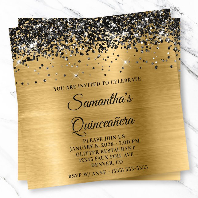 Convite Quinceanera Dourada de aspecto metálico com brilho (Black Glitter Gold Metallic Look Quinceanera Invitation)