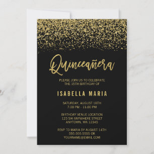 Convite Quinceanera Dourada de Falência Negra Moderna