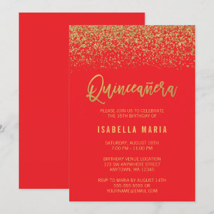Convite Quinceanera Dourada de Falsa Vermelha Moderna