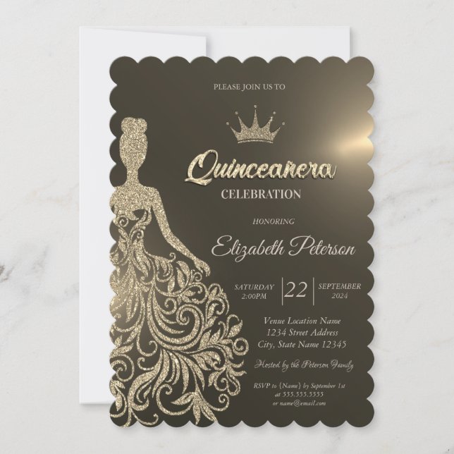 Convite Quinceanera Dourada de luxo Dourada com brilho (Frente)