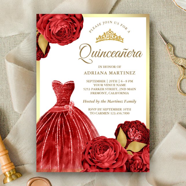 Convite Quinceanera Dourada de Rosas vermelhas de palhaços (Criador carregado)