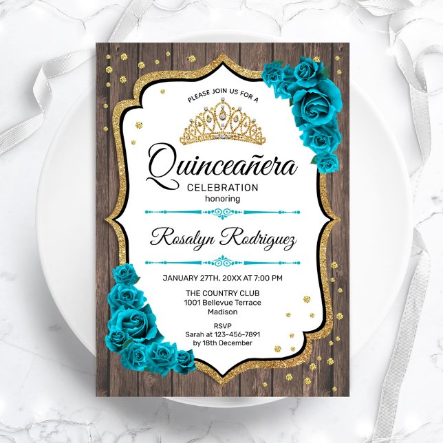 Convite Quinceanera Dourada de Teal de Madeira Russa (Criador carregado)