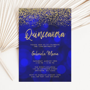 Convite Quinceanera Dourada do Livro Azul Moderno