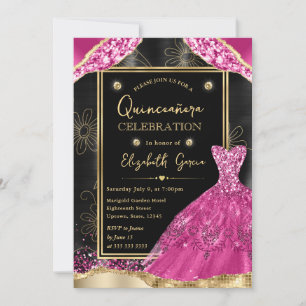 Convite Quinceanera, Dourada e cor-de-rosa