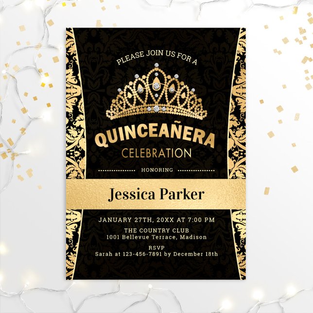 Convite Quinceanera Dourada Elegante Preto (Criador carregado)