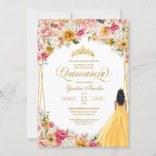 Convite Quinceanera Dourada Floral Amarelo-Esbranquiçada
