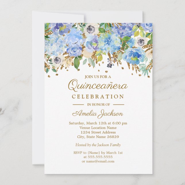 Convite Quinceanera Dourada Floral Azul Botânica (Frente)