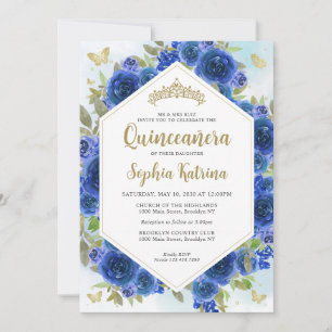 Convite Quinceañera Dourada Floral Azul Moderna