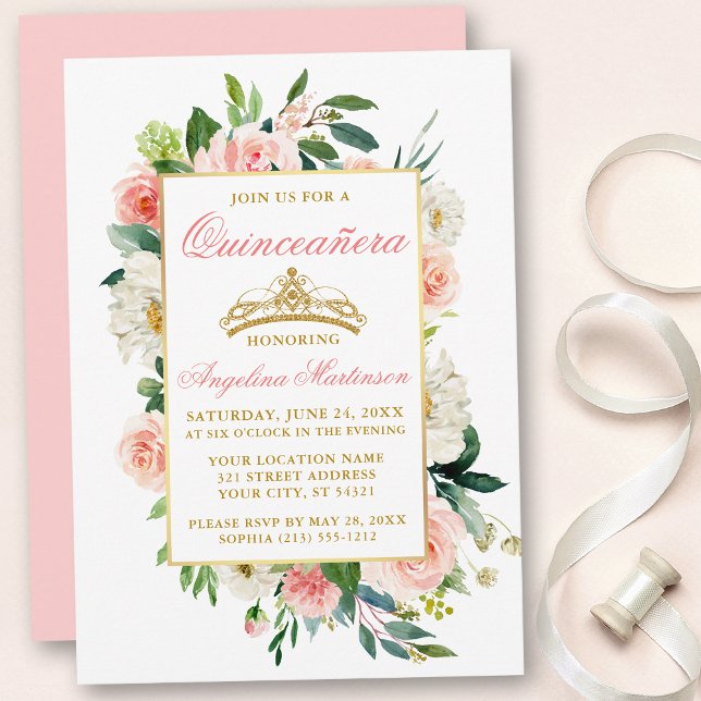 Convite Quinceanera Dourada Floral Branco Cor-de-Água Rosa (Customize to change text color, style, add text & photos to back or change color of back of card.)