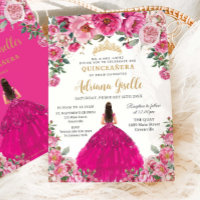 Quinceanera Dourada Floral cor-de-rosa Fuchsia XV