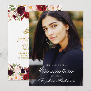 Convite Quinceanera Dourada Floral de Aquarela