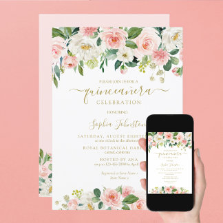 Convite Quinceañera Dourada Floral Verde-Esmagadora