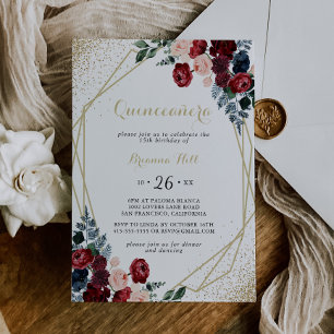 Convite Quinceañera Dourada Geométrica Burgundy Marinho 