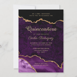 Convite Quinceanera Dourada Glitter Agato Roxo