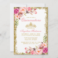 Quinceanera Dourada Glitter Coroa Rosa