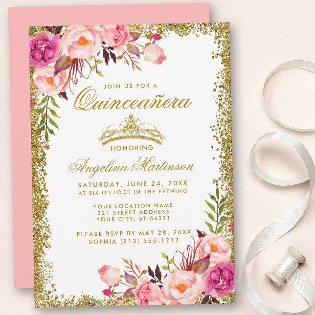 Convite Quinceanera Dourada Glitter Coroa Rosa (Customize to change text color, style, add text & photos to back or change color of back of card.)