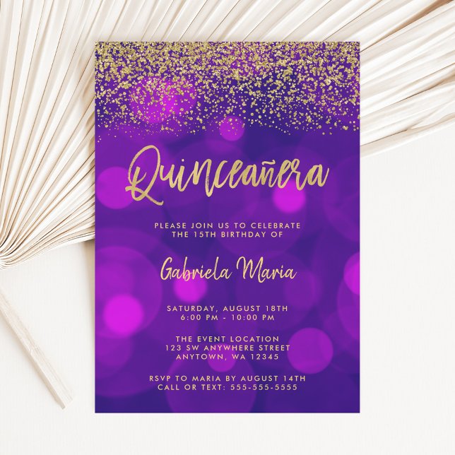 Convite Quinceanera Dourada Glitter Roxo Moderno (Criador carregado)