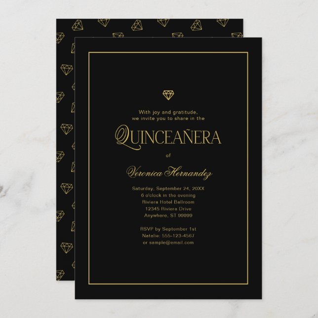 Convite Quinceanera Dourada Mínima Moderna Elegante (Frente/Verso)