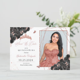 Convite Quinceañera Dourada Preta e Rosa Salva A Foto Da D