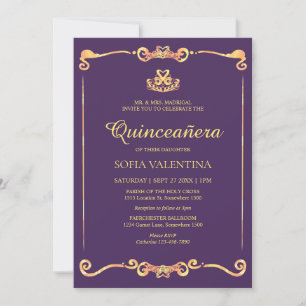 Convite Quinceanera Dourada Púrpura Clássica