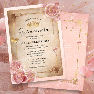 Convite Quinceanera Dourada Rosa de Aquarela Rosa