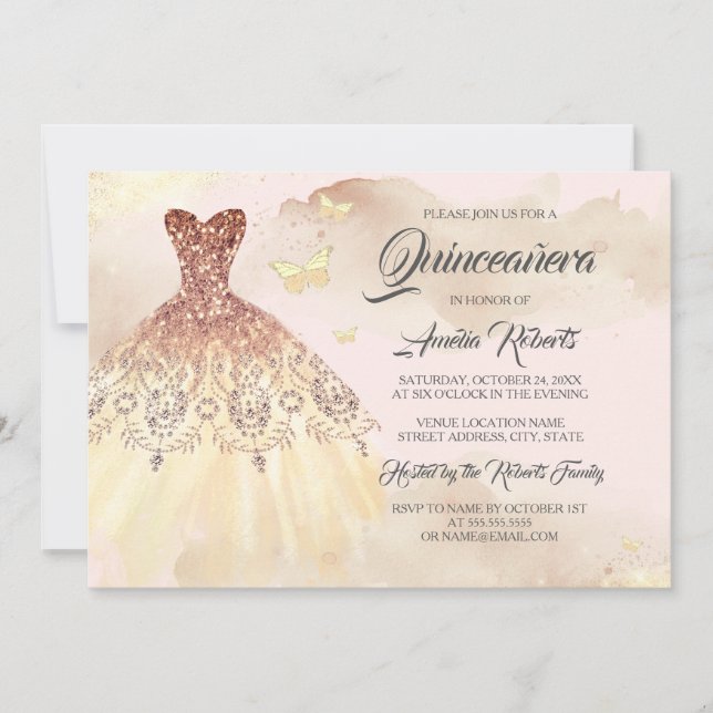 Convite Quinceanera Dourada Rosa Dourada Vestido Cor-de-Ág (Frente)
