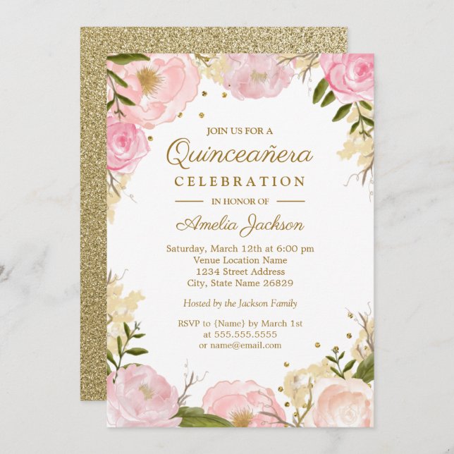 Convite Quinceanera Dourada Rosa-Floral Sparkle (Frente/Verso)