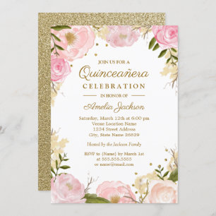 Convite Quinceanera Dourada Rosa-Floral Sparkle