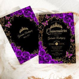Convite Quinceanera Dourada Roxa