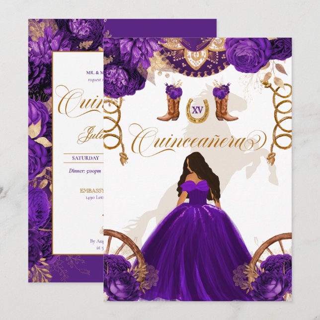 Convite Quinceanera Dourada Roxa Ocidental Charro 2-Lado (Frente/Verso)