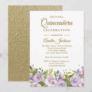 Convite Quinceanera Dourada Roxo-Floral Sparkle