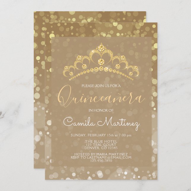 Convite Quinceanera Dourada Sparkly Confetti com Tiara (Frente/Verso)