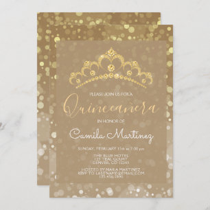 Convite Quinceanera Dourada Sparkly Confetti com Tiara