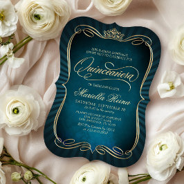 Convite Quinceañera Dourada Turquesa