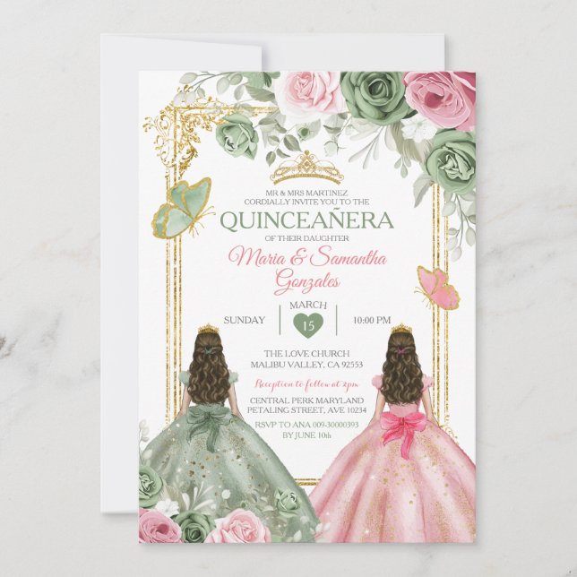 Convite Quinceañera Dourada Verde E Gêmeos Rosa (Frente)