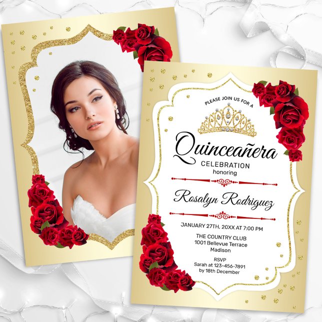 Convite Quinceanera Dourada, Vermelha Branca (Criador carregado)