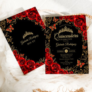 Convite Quinceanera Dourada Vermelha Negra