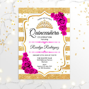 Convite Quinceanera - Douradas, brancas, cor-de-rosa