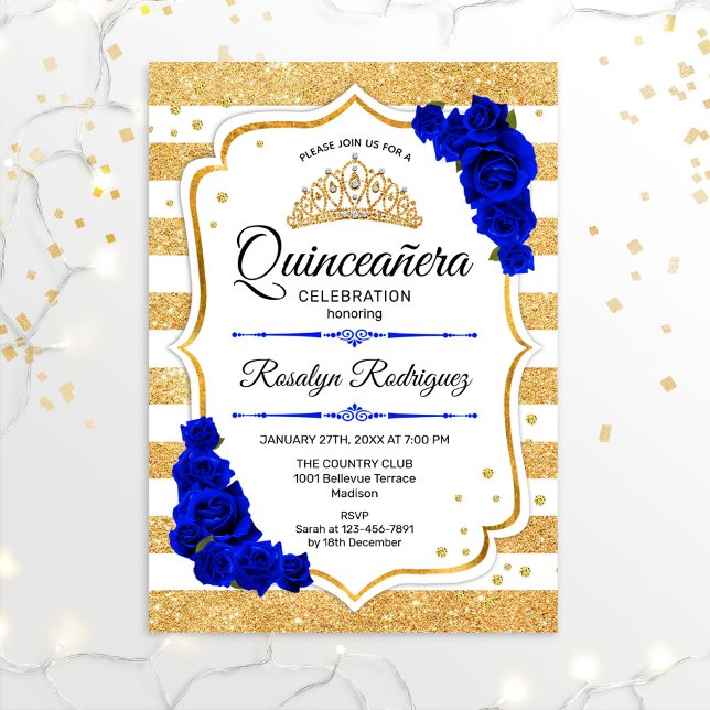 Convite Quinceanera - Douradas brancas - Royal Blue (Criador carregado)