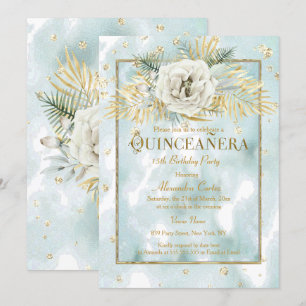 Convite Quinceanera Dourado Azul-Mint mármore Rosa Floral