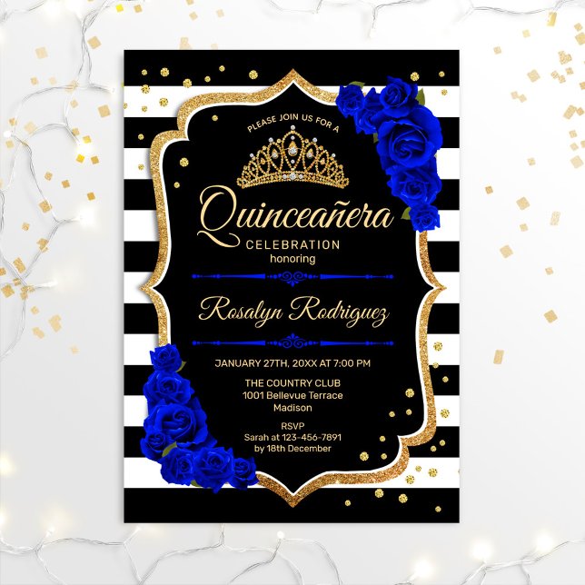 Convite Quinceanera - Dourado Azul Real Negro (Criador carregado)