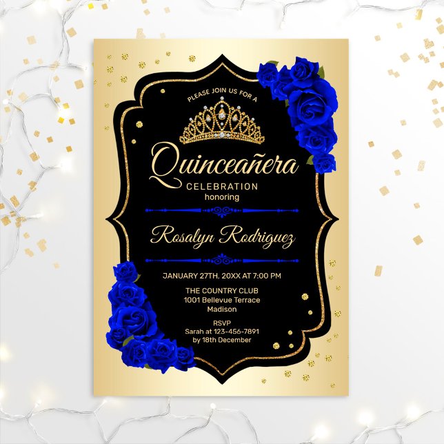 Convite Quinceanera - Dourado Azul Real Negro (Criador carregado)