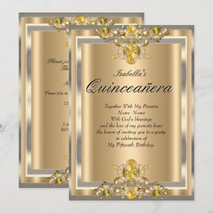 Convite Quinceanera Dourado Bege Amarelo Jóias 15 Aniversá