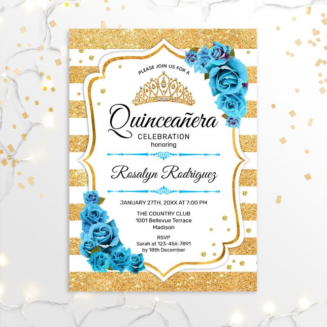 Convite Quinceanera - Dourado Branco Azul (Criador carregado)