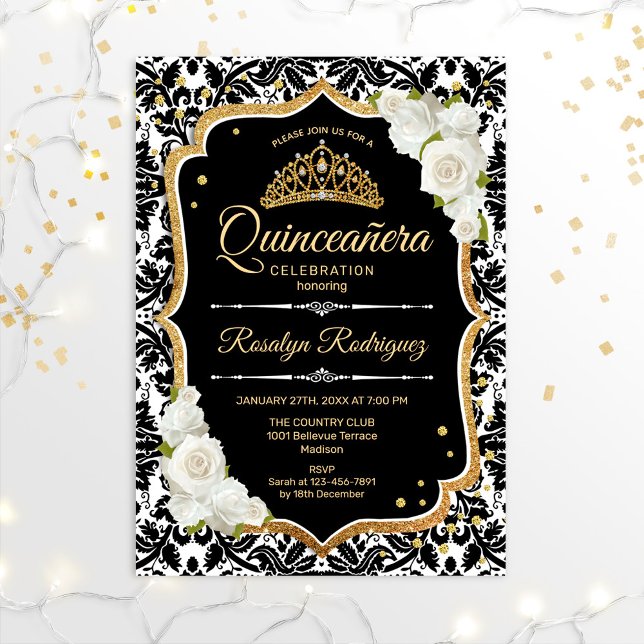 Convite Quinceanera - Dourado branco preto (Criador carregado)