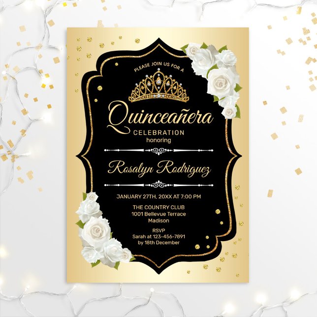 Convite Quinceanera - Dourado branco preto (Criador carregado)