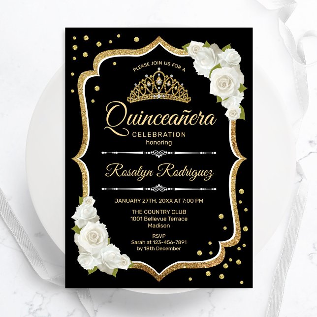Convite Quinceanera - Dourado branco preto (Criador carregado)